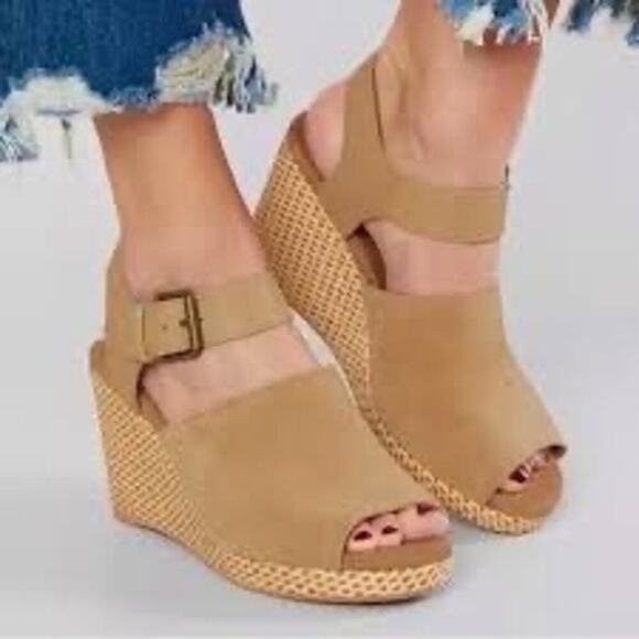 TOMS Tropez Wedge Platform Sandal 3 inch Heel in Honey Suede Leather Women's 8.5 - Picture 1 of 15